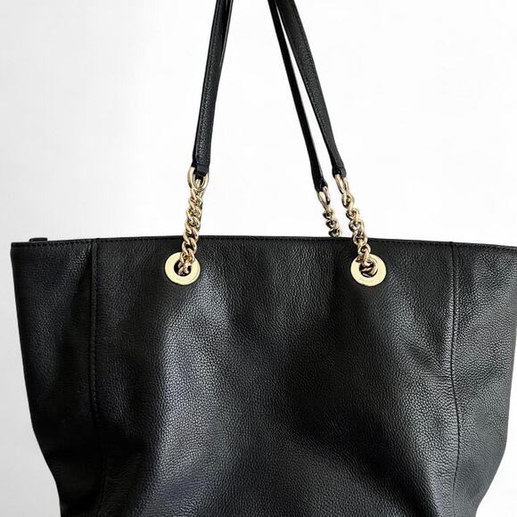 Coach Turnlock Black Pebbled Leather Tote Bag Gold Chain Handles Large Shoulder - Picture 3 of 8